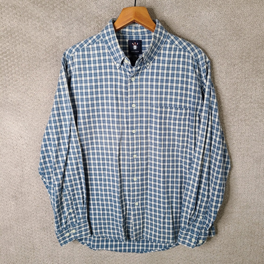 Ivy Crew Shirt Mens Large Blue Plaid Button Down Cotton Long Sleeve Casual